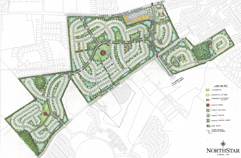 The Sussex County Planning & Zoning Commission in October approved 758 single-family homes on a 420-acre site between Route 9 and Beaver Dam Road, west of Lewes. That left a 94-unit workforce housing project on 7.9 acres and a commercial development on 12.7 acres for council to decide. SOURCE: PLUS GRAPHIC